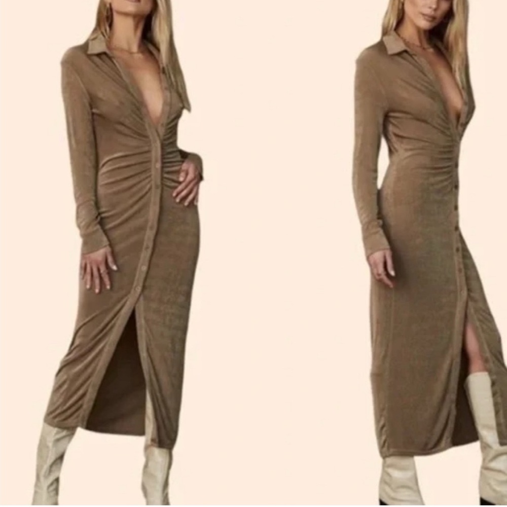 12th Tribe Tan Button-Down Midi Dress